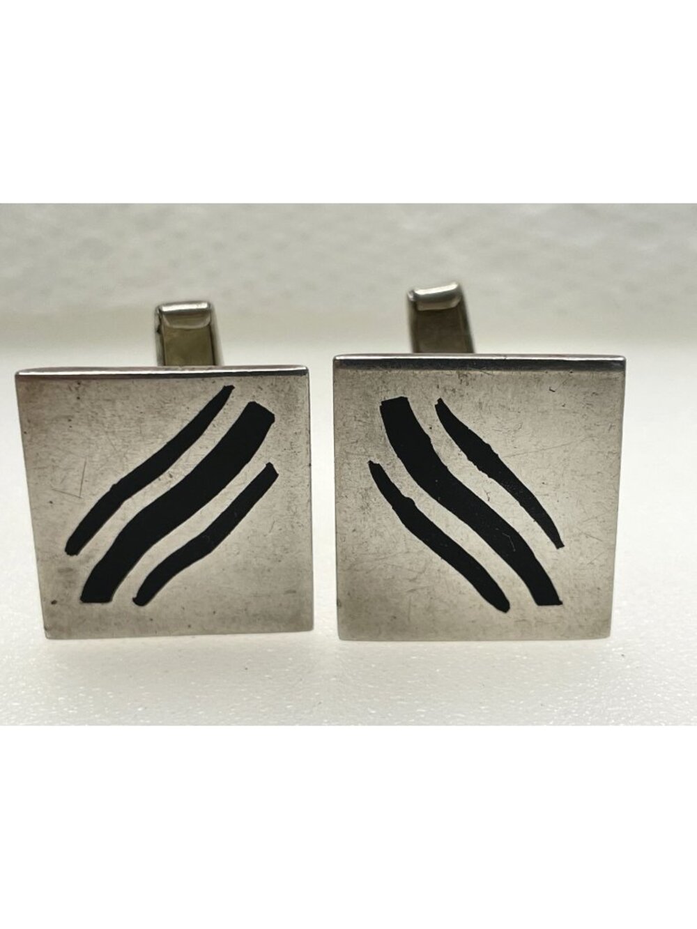 Signed Vintage Taxco Mexican Sterling Silver Square Minimalist Enamel Cufflinks